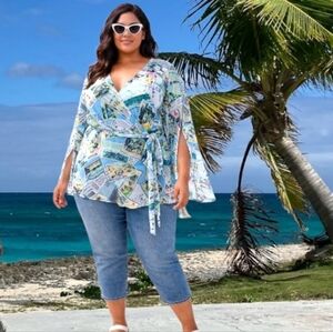 Lane Bryant Vacational Bahamas Theme Wrap Sheer Top Sz 14